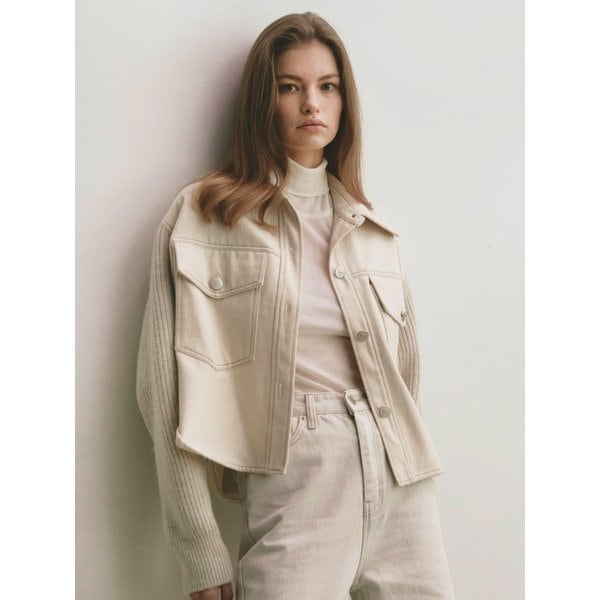 기모 리브 니트 슬리브 크롭 데님 자켓 (아이보리)