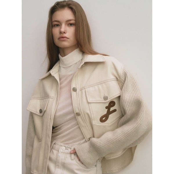 기모 리브 니트 슬리브 크롭 데님 자켓 (아이보리)