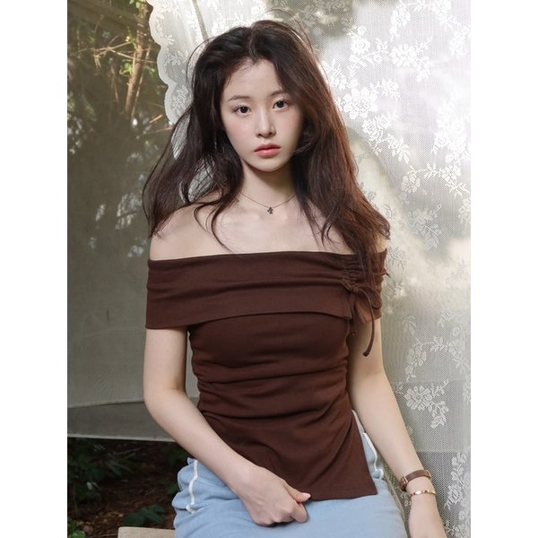오프숄더 리본포인트 져지탑 OE6ME6100