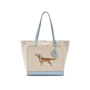 우먼 로렌 랄프로렌 Dog-Embroidered 라지 카메린 토트백 백 가방 - 내추럴 Buff 캔버스 Alpine