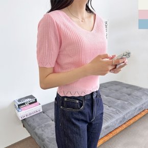 블레오 여성 여름 크롭 브이넥 시보리 슬림핏 예쁜 반팔 니트