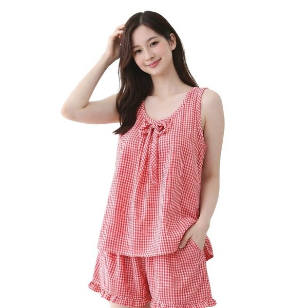 [시스넬라]지지미투피스파자마1세트 여성파자마,여름잠옷세트,시어서커,민소매,홈웨어,반바지잠