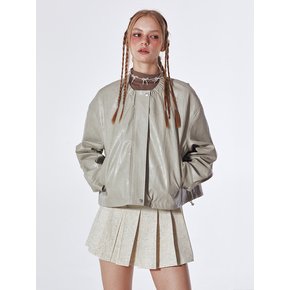 Banded Neck Oversized Leather Jacket (GRAY)