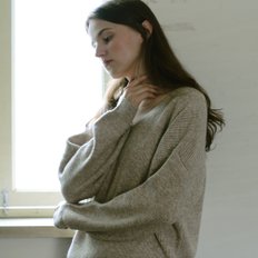 Wool V-neck Oversized Knit Pullover - Beige