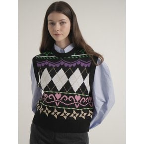 Pattern Round Knit Vest (Black)