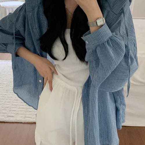 보니제이 / 여름 루즈핏 블루 체크 패턴 셔츠 데일리 후드 포인트