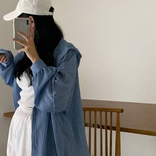 보니제이 / 여름 루즈핏 블루 체크 패턴 셔츠 데일리 후드 포인트