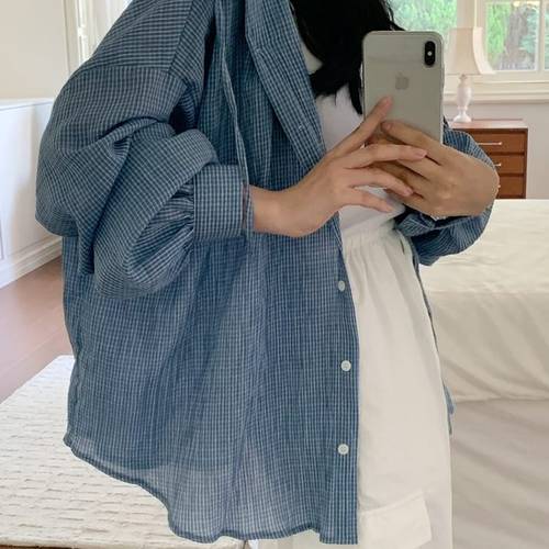 보니제이 / 여름 루즈핏 블루 체크 패턴 셔츠 데일리 후드 포인트