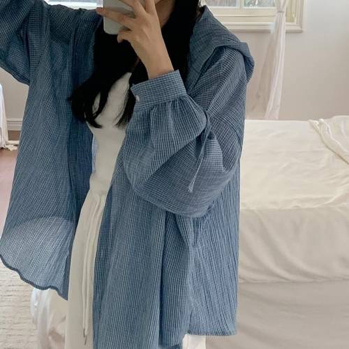 보니제이 / 여름 루즈핏 블루 체크 패턴 셔츠 데일리 후드 포인트