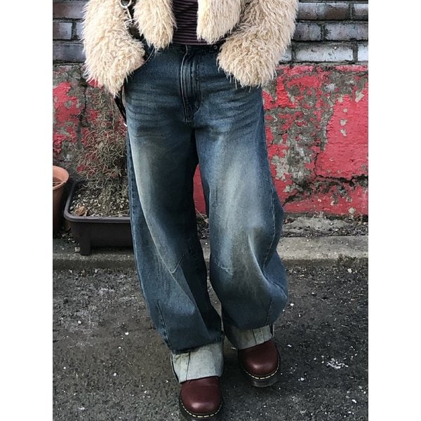 우먼 와이드 다트 데님 팬츠 인디고블루