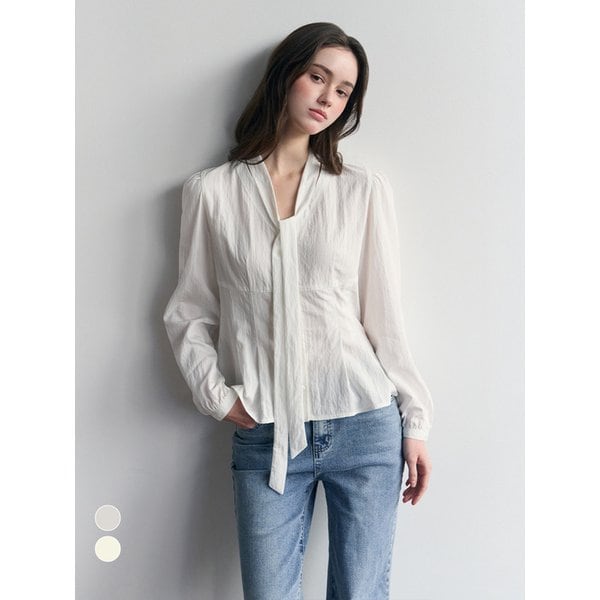 브이넥 플리츠 타이 블라우스_2color