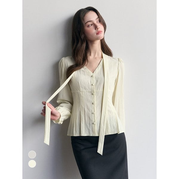 브이넥 플리츠 타이 블라우스_2color