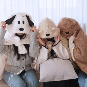 강아지 곰돌이 캐릭터 양털 망토 후드 입는 담요 3종