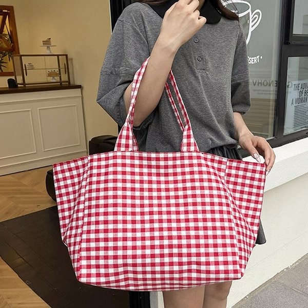 [옷자락] 여성 캐주얼 잔잔 체크 빅사이즈 토트 쇼퍼백