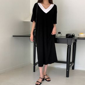 라켈 배색브이 반팔 롱 원피스_P362229454