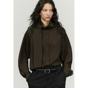 Massimo Dutti 마시모 두띠 반투명 셔츠 타이 디테일 - 버튼 다운 블라우스 다크 브라운 8082839