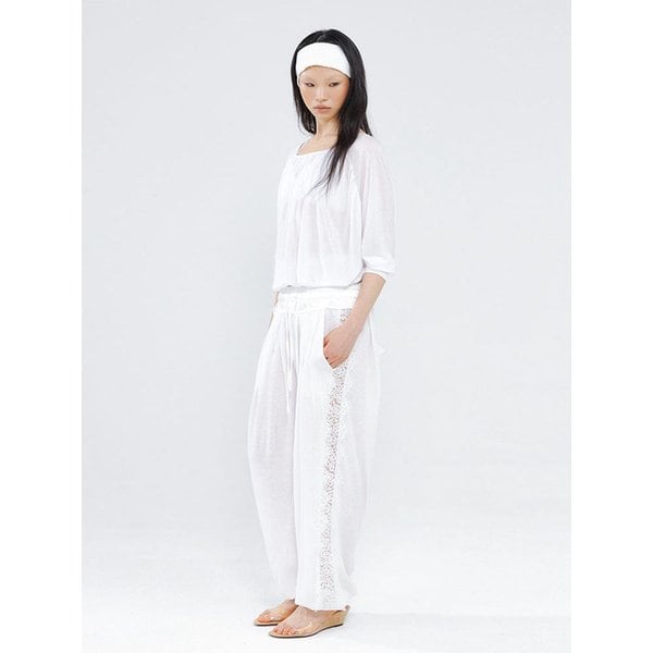 SATIN WAIST LACE BALLOON PANTS WHITE