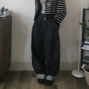 인디고 배색 밴딩 생지 와이드진 롤업 데님 롱팬츠