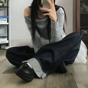 인디고 배색 밴딩 생지 와이드진 롤업 데님 롱팬츠