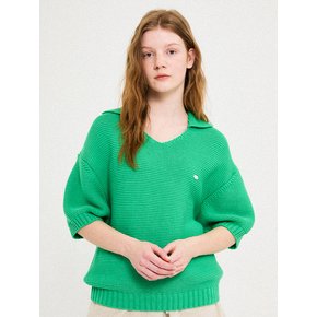 Soft Cotton Link-Link Harf Sleeved Kint Top [ Ivory, Green ]