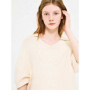 Soft Cotton Link-Link Harf Sleeved Kint Top [ Ivory, Green ]