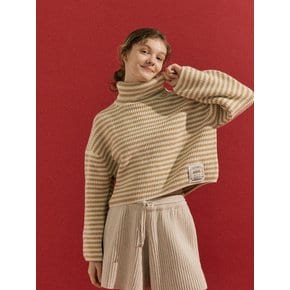 High neck Super Fine Merino Wool Stripe Knit Top Sweater_Beige