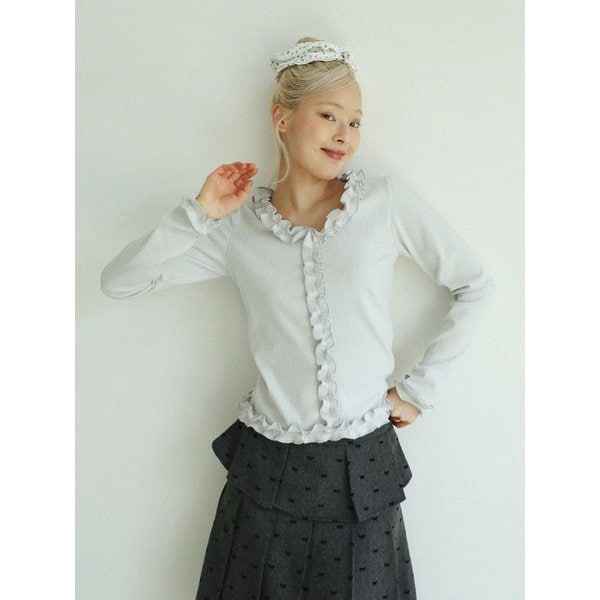 RUFFLE RIBBED T-SHIRT(LIGHT GREY)