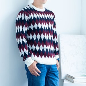 레디핏 남녀공용 아가일니트 커플 라운드니트 스웨터 풀오버