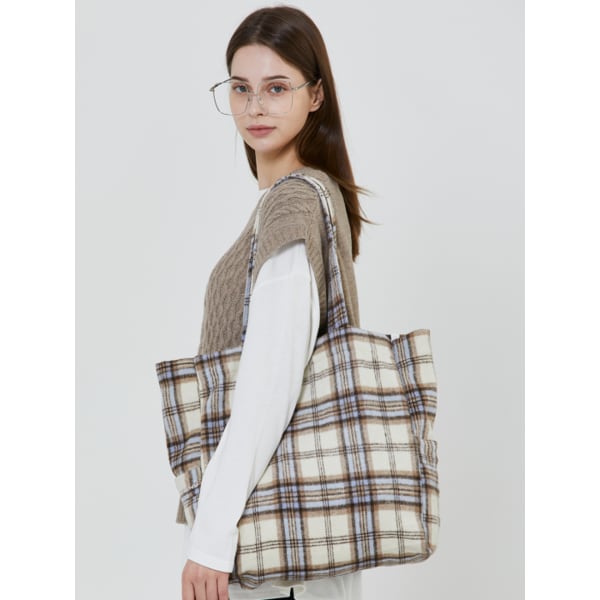 체크 코튼 포켓 에코 숄더백 (아이보리/체크)