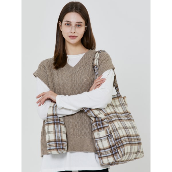 체크 코튼 포켓 에코 숄더백 (아이보리/체크)
