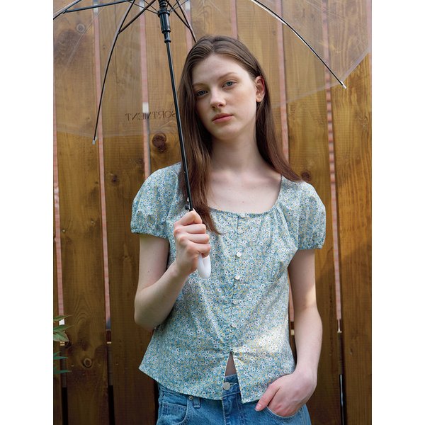 Flower Puff Sleeve Blouse (Green)