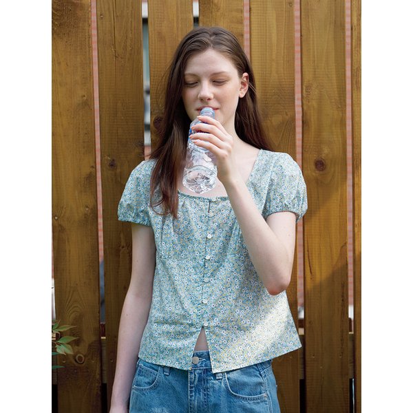 Flower Puff Sleeve Blouse (Green)