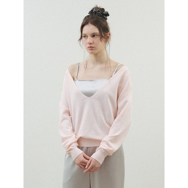 솔리드 딥 브이넥 니트_Pastel Pink