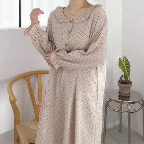 / 롱 기장 빅사이즈 브라운 큐브 도트 프릴 순면 원피스 잠옷