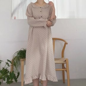 / 롱 기장 빅사이즈 브라운 큐브 도트 프릴 순면 원피스 잠옷