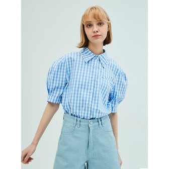 오프닝선샤인 Puff Short Sleeve Check Blouse_Blue