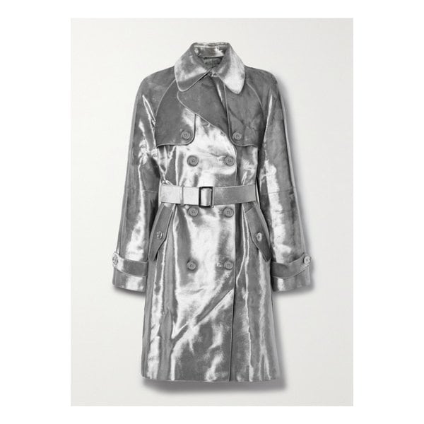 Belted Double-breasted Metallic Calf Hair Trench Coat 실버 43769801095728185