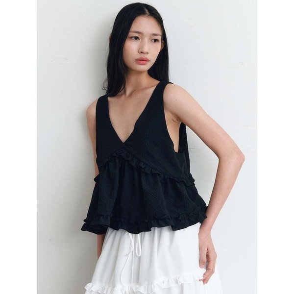 V-NECK FRILL SLEEVELESS BLOUSE(BK)
