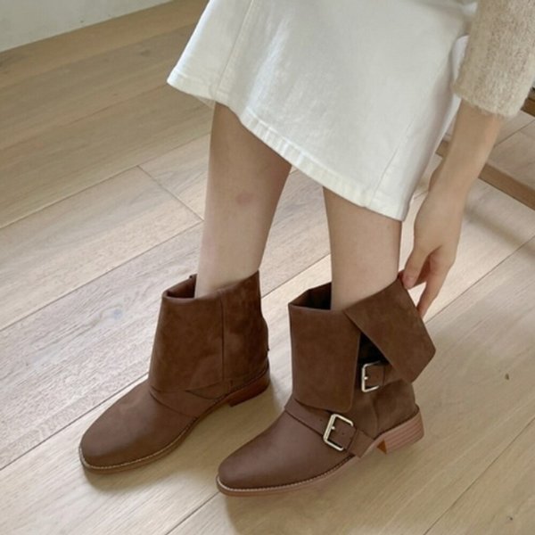 [옷자락] 여자 가을 스웨이드 버클 장식 로우힐 워머 미들 부츠