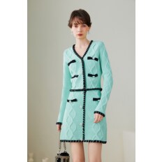 Niche design mint knitted cardigan skirt set-up