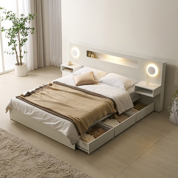 [보루네오]호텔라인 서랍 LED 침대 Q (매트별도,협탁2개) KC823