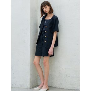 COLLARLESS HALF SLEEVE LINEN SUIT NAVY