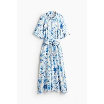 H&M 에이치엔엠 매듭 벨트 셔츠 원피스 1217576004 BLANCO/FLORAL AZUL