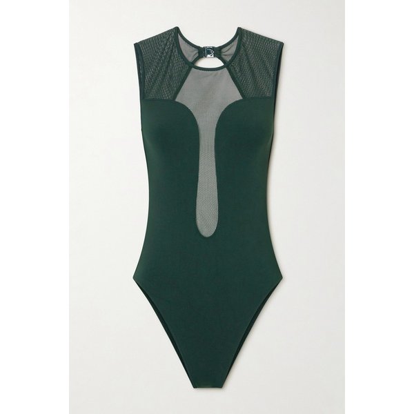 에레스 유니크 오픈백 메시 트리밍 수영복 그린 46376663163039434
