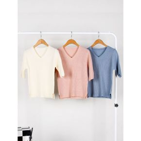 브링R 브이넥 반팔 니트_P371555812