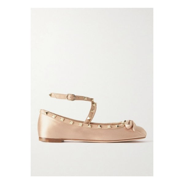 락스터드 가죽 트리밍 새틴 발레리나 플랫 슈즈 1647597309696411