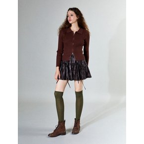 Ribbon Leather Ruffle Skirt (BROWN)