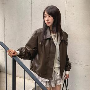 여자 힙무드 루즈핏 카라넥 레더 단추 자켓