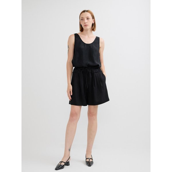 SATIN CONTRAST LINEN SHORTS - BLACK