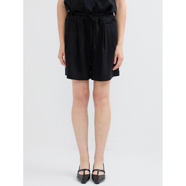SATIN CONTRAST LINEN SHORTS - BLACK
